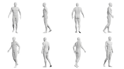Athletic Young Man Walking, multiple views (side, front, back), 360 degrees rotation.