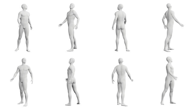 Athletic Young Man Standing and Looking Over Shoulder, multiple views (side, front, back), 360 degrees rotation.