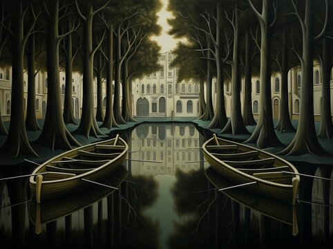 Surreal outdoor landscape painting of boats on a tree-lined canal through a park lined with mansions, highly stylized