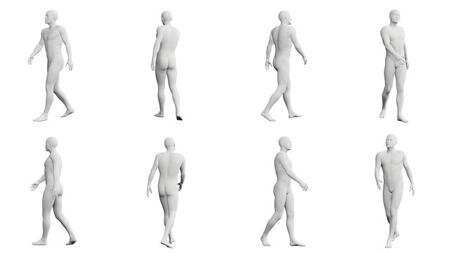 Athletic Young Man Walking, multiple views (side, front, back), 360 degrees rotation.