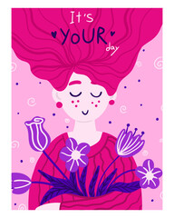 March 8. International Women's Day. Greeting card or postcard templates with hand drawn flower bouquet, floral wreath