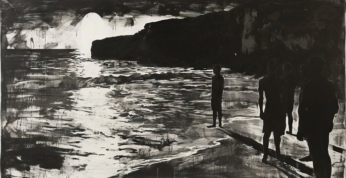 High contrast black and white illustration of people at the beach with sea and mountains in the background, dark expressionist style