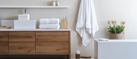 Fototapeta na wymiar A modern bathroom with a wooden cabinet, clean white towels, and a robe neatly displayed near a white wall. The towels add a soft touch to the sleek design of the room.