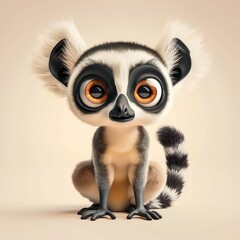 A miniature model of a cute lemur isolated on a pastel cream background. Square format.