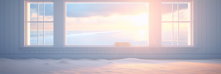 3d rendering, interior of a house with a large window looking out onto a snowy landscape.