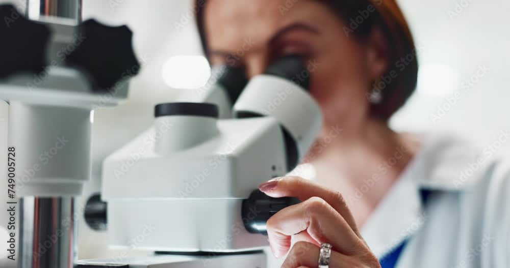 Aufkleber woman, scientist and forensic research with microscope for science, microbiology or discovery at lab
