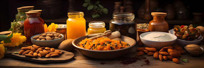A Wholesome Spread of Ayurvedic Foods and Ingredients for Well-being and Holistic Nutrition - obrazy, fototapety, plakaty