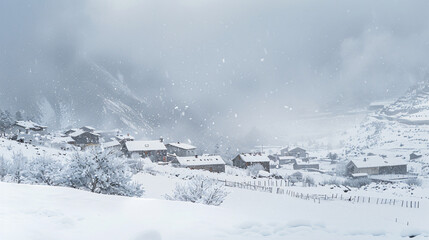 A heavy snowstorm blanketing a mountain village. - obrazy, fototapety, plakaty