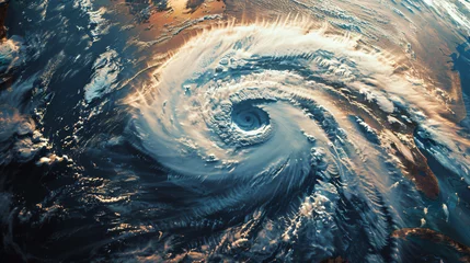 Fotobehang A hurricane viewed from space showcasing its vast scale and spiral formation. © Thomas