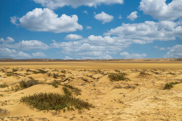 Beautiful desert landscape with blue sky at Cabo de Vela. La Guajira, Colombia.