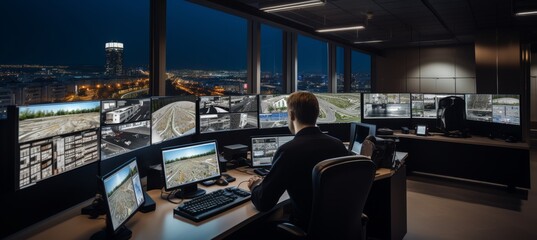 Security guards monitoring traffic in control room with video wall for legal services
