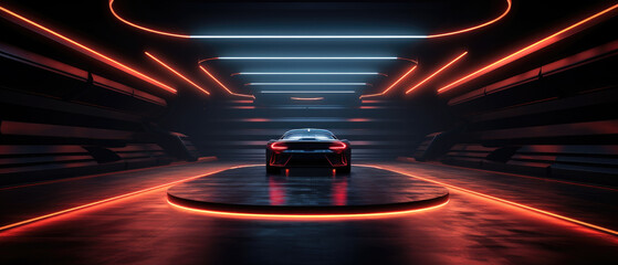 Abstract futuristic garage background, showroom with car and lines of led neon light, interior of dark modern hall or studio, panoramic view. Concept of room, stage, technology, show - obrazy, fototapety, plakaty