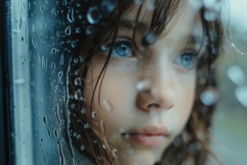 portrait of a sad girl near a window splashed with rain, loneliness, isolation