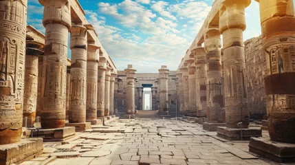 Fotobehang Oud gebouw Inside Ancient Egyptian temple, luxury columns of old building in Egypt, perspective view of fiction historical architecture interior. Theme of pharaoh, civilization, travel, tomb
