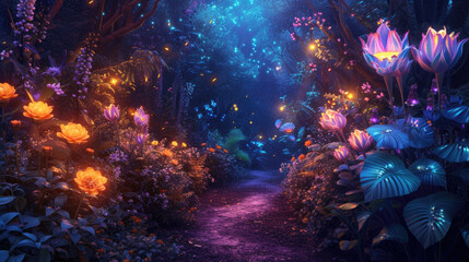 Obraz na płótnie Canvas Fantasy forest with beautiful luminous flowers, path in dark magical woods at night, glowing neon plants and lights in wonderland. Concept of fairy tale world, nature, space,