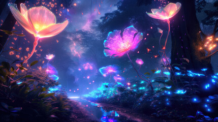 Beautiful luminous flowers in fantasy forest, dark magical woods at night, glowing neon plants and lights on alien planet. Concept of fairy tale world, nature, space, art