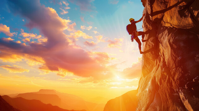 A man is scaling the rugged side of a mountain, showcasing strength and determination in his ascent