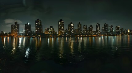 Fototapeta na wymiar Panoramic Cityscape Reflections on Water at Night - Generative AI