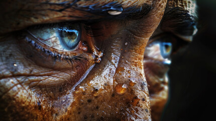 A close-up view of a persons face entirely covered in mud, highlighting the texture and earthy tones of the mud coating their skin