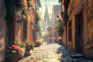 Sun-Drenched Cobblestone Alley with Lush Flower Baskets - Generative AI