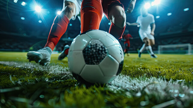 A soccer player is kicking a soccer ball on a field, showcasing skill and athleticism in a dynamic sports moment