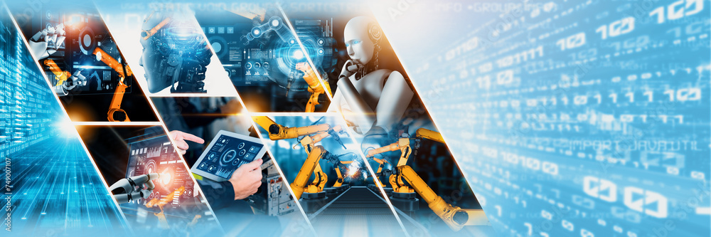 Poster automated ai industry robot and robotic arms assembly in factory production. concept of artificial i