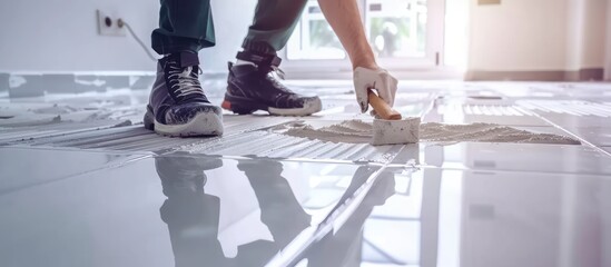 Worker hand placing ceramic floor tiles - obrazy, fototapety, plakaty