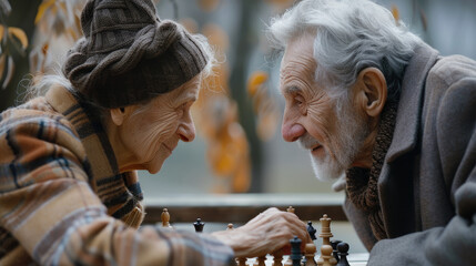 An older man and woman are engaged in a game of chess, strategizing their moves with focused expressions