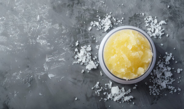 natural lemon sugar scrub with sea salt crystals on grey background, free space for text 