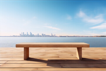 Fototapeta na wymiar Cityscape and lake view from a wooden dock with a bench in the foreground.