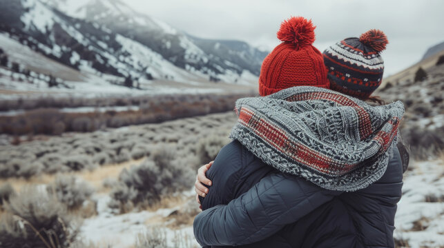 A couple in winter attire sharing an embrace overlooks a tranquil, snow-covered mountain landscape as evening falls