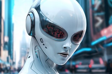 gynoid, a humanoid female android hybrid robot with a female face in a plastic helmet on the background of a futuristic city street, robotics concept