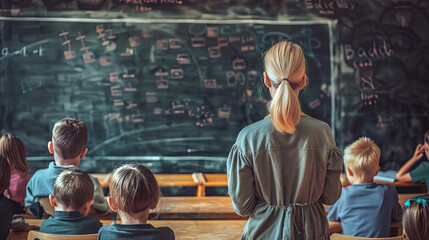 Teacher standing in front of a class of students, pointing at a chalk-covered blackboard during a lesson - obrazy, fototapety, plakaty