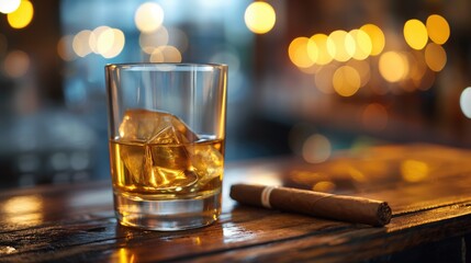 Glass of whiskey with ice cubes and cuban cigar on a wooden table - obrazy, fototapety, plakaty