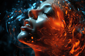 A girl's face surrounded by abstract shapes or splashes of red and blue colors on dark background - 749007700