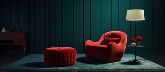 A modern living room featuring a striking red velour armchair paired with a green ottoman. The room is decorated with dark blue velvet wall panels and a minimalist floor lamp. The space exudes