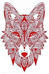 A red and white drawing of a wolf, embroidery on white background