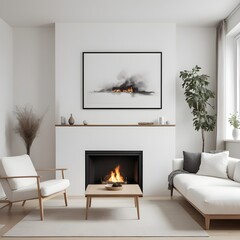 A wooden cabinet, an art poster, and two white sofas are situated next to a fireplace on a white wall. Modern living room interior design in a minimalist Scandinavian style. - obrazy, fototapety, plakaty