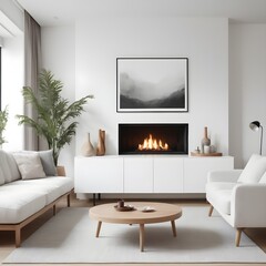 A wooden cabinet, an art poster, and two white sofas are situated next to a fireplace on a white wall. Modern living room interior design in a minimalist Scandinavian style.
