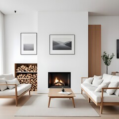 A wooden cabinet, an art poster, and two white sofas are situated next to a fireplace on a white wall. Modern living room interior design in a minimalist Scandinavian style.
