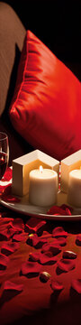 Still life photography of a romantic dinner with candles and red wine on a red tablecloth.