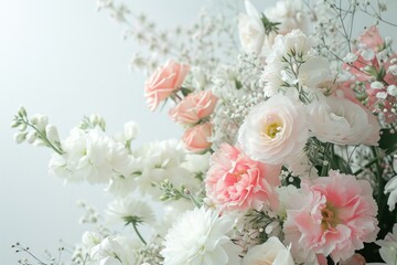 an arrangement of various bouquets in white and pink