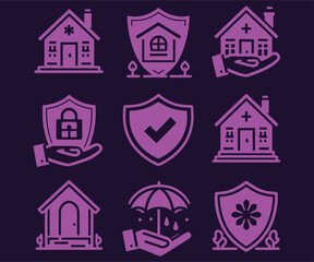 House insurance icon set. Home or Real estate and shield protection icon symbol in line and flat style on white background with editable stroke for apps and websites.