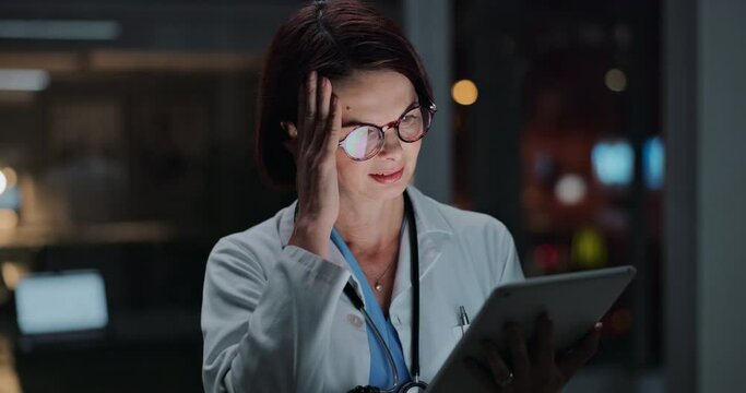 Doctor, woman and tablet with headache for internet connection in hospital with stress, thinking or fail. Person, medic and digital touchscreen with mistake, glitch or error on medical app in night