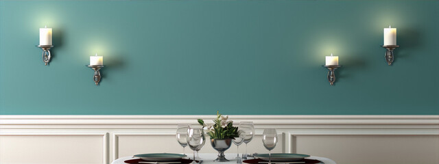 3d illustration of a teal green wall with two sconces and a table set with white flowers and silver cutlery. - obrazy, fototapety, plakaty