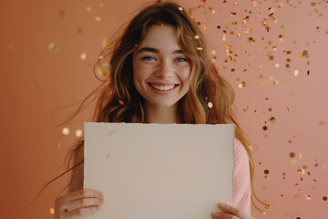 A joyful girl with a radiant smile holds an empty piece of paper while surrounded by festive confetti, capturing the anticipation and excitement of celebration.