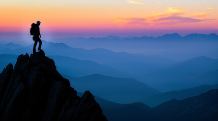 A mountain climbers silhouette against the backdrop of a vast mountain range at sunrise.