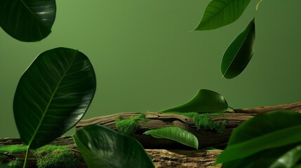 A background with dry Wood as base and green leafs, from front, mat and empty background, no product in the picture. Generated by artificial intelligence.