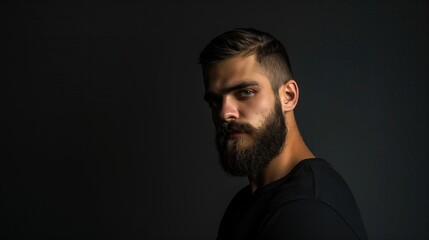 Obraz premium Portrait of a brutal handsome young man with a beard on a black background