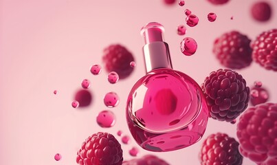 The bottle of cosmetics high. Light pink gradient colour background with raspberries. Generated by...